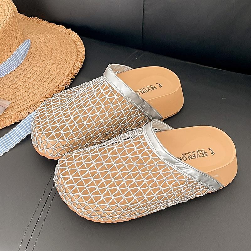 

Один педаль толстая подошва верхняя одежда женская баотоу новая рыболовная сеть прохладные тапочки полутапочки 2025 лето сетка полый 40 шампанского