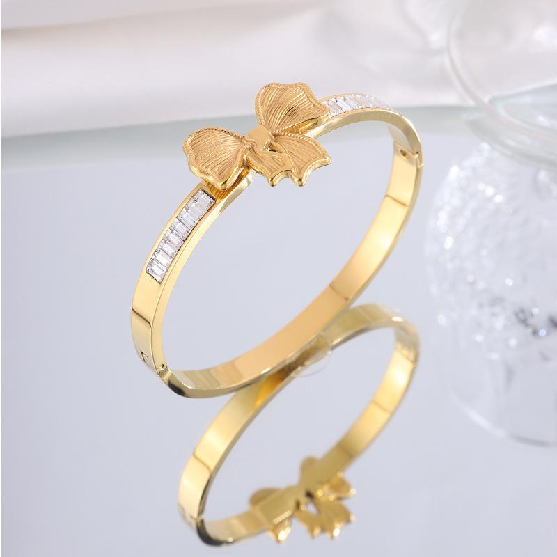 Titanium steel , European and American fashion bow diamond , girls' advanced sense of light luxury, non-fading butterfly