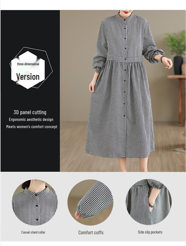 Spring Plaid Linen Dress: Women's Retro Long Sleeve Design Skirt