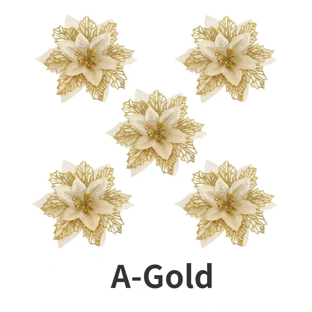 20/5PCS Artificial Glitter Christmas Flowers with Clip Xmas Tree Hanging Ornament Fake Flower New Year Party Home Decor Supplies