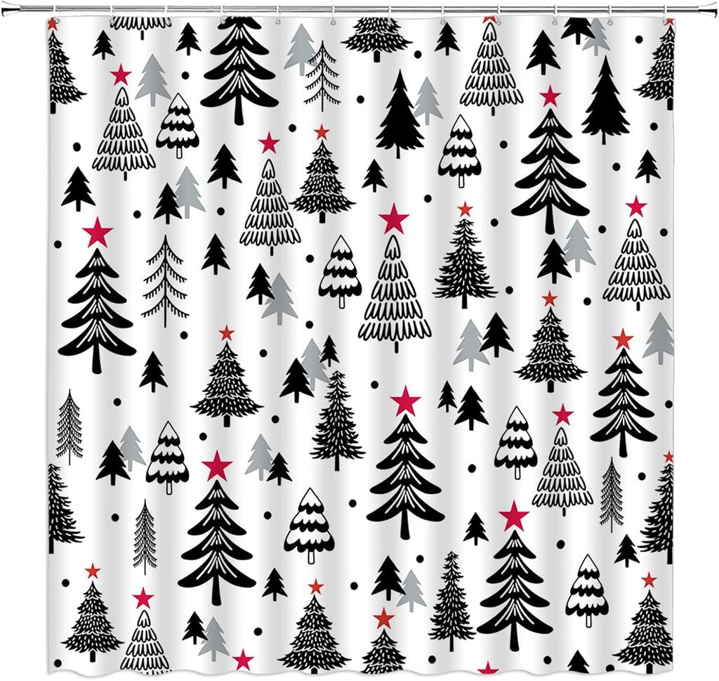 Christmas Tree Shower Curtain Blue Cute Xmas Tree Stars Cartoon Winter Holiday Merry Christmas New Year Bathroom Decor