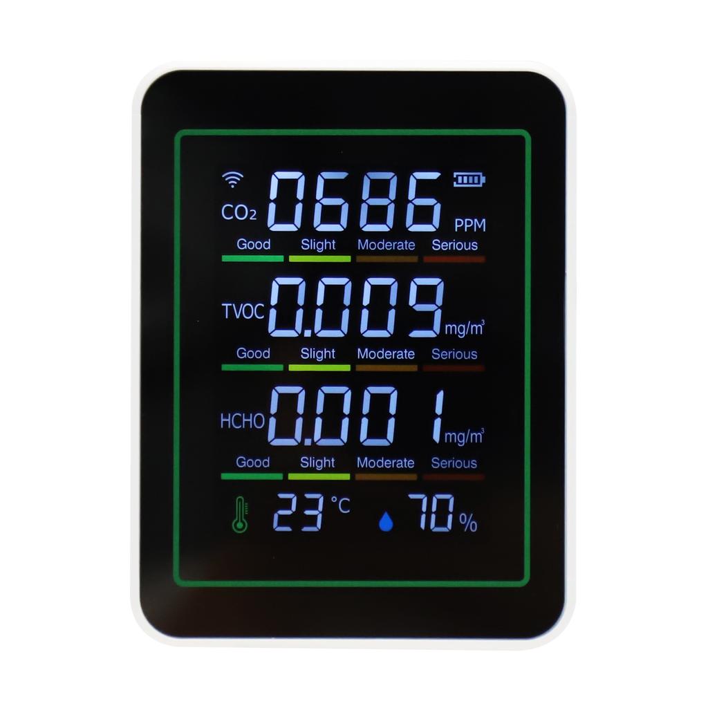 5-i-1 Kvalitetsmonitor, WiFi Inomhus CO2-mätare för Smart, HCHO TVOC-detektor med LCD-display, Infraröd sensor, Temperatur Fuktighet för Hemmet