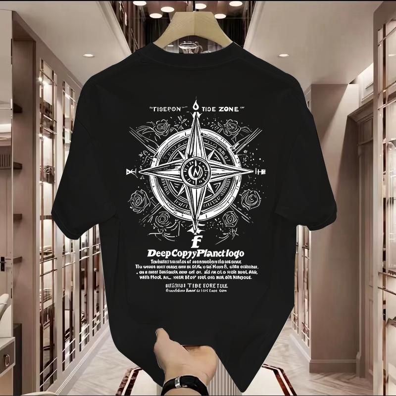 

Men s summer new round neck cotton short-sleeved T-shirt loose plus size printed top chic Japanese style bottoming shirt 4XL