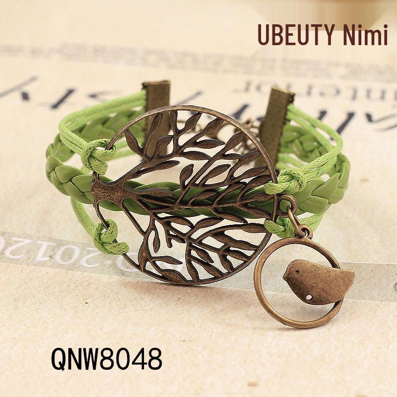European-American Fashion Bracelet: Big Tree & Little Bird Natural Style, Adjustable PU Woven Rope Jewelry