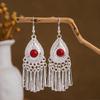 Ethnic Miao Silver Style Long Tassel Earrings with Ancient Scenic Stud Design for Women