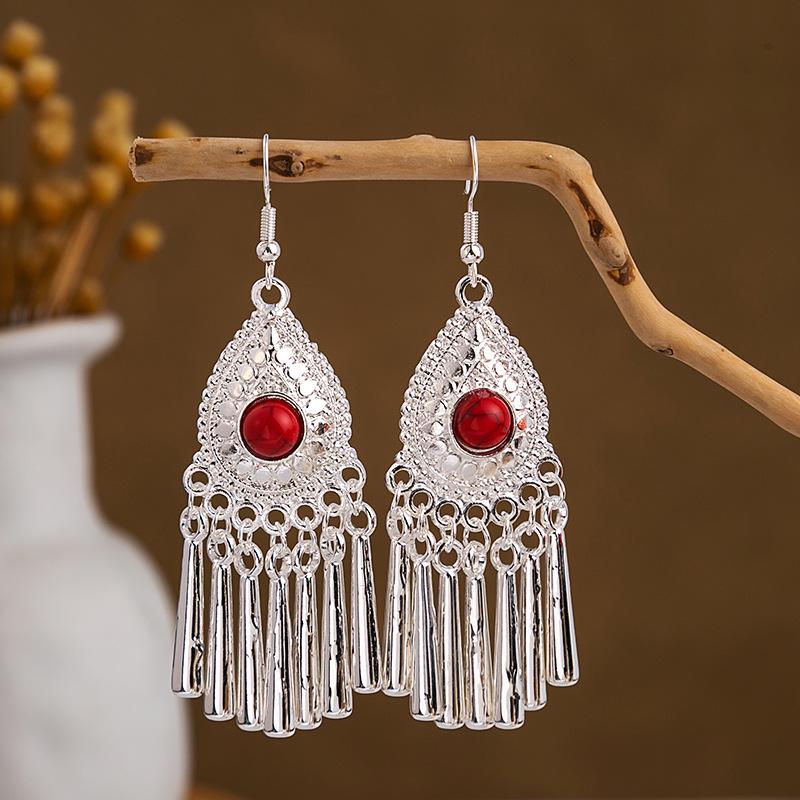 Ethnic Miao Silver Style Long Tassel Earrings with Ancient Scenic Stud Design for Women