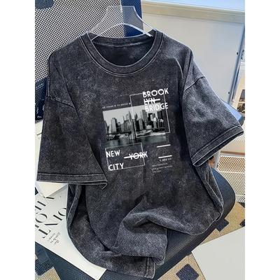 Gewaschenes Herren Sommer-T-Shirt aus Baumwolle Einfacher Stadtmuster-Druck Weicher Stoff Modischer Trendiger Stil Pendeln