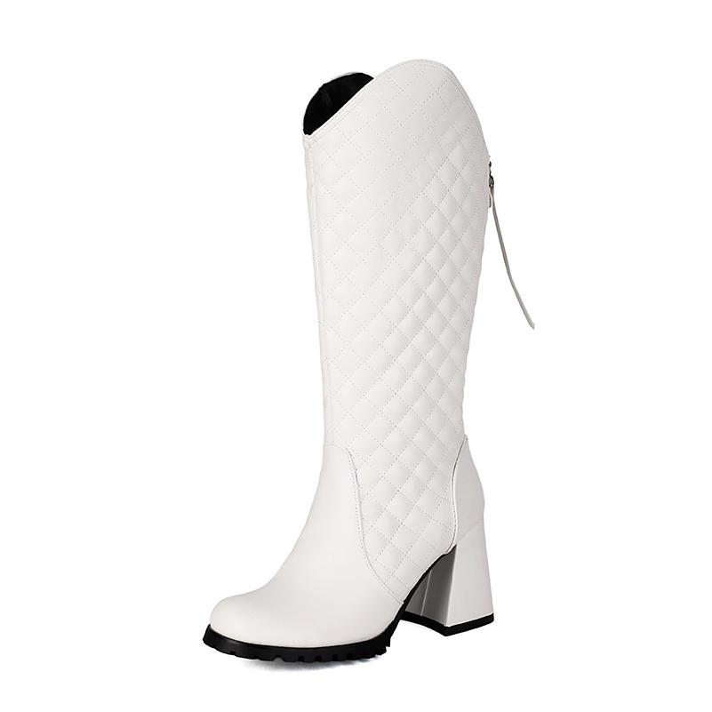 

Ботильоны волнистые из ПУ с тиснением в клетку большого размера, на толстом коническом каблуке, застежка, противоскользящая резиновая прострочка для женщин 39 белый