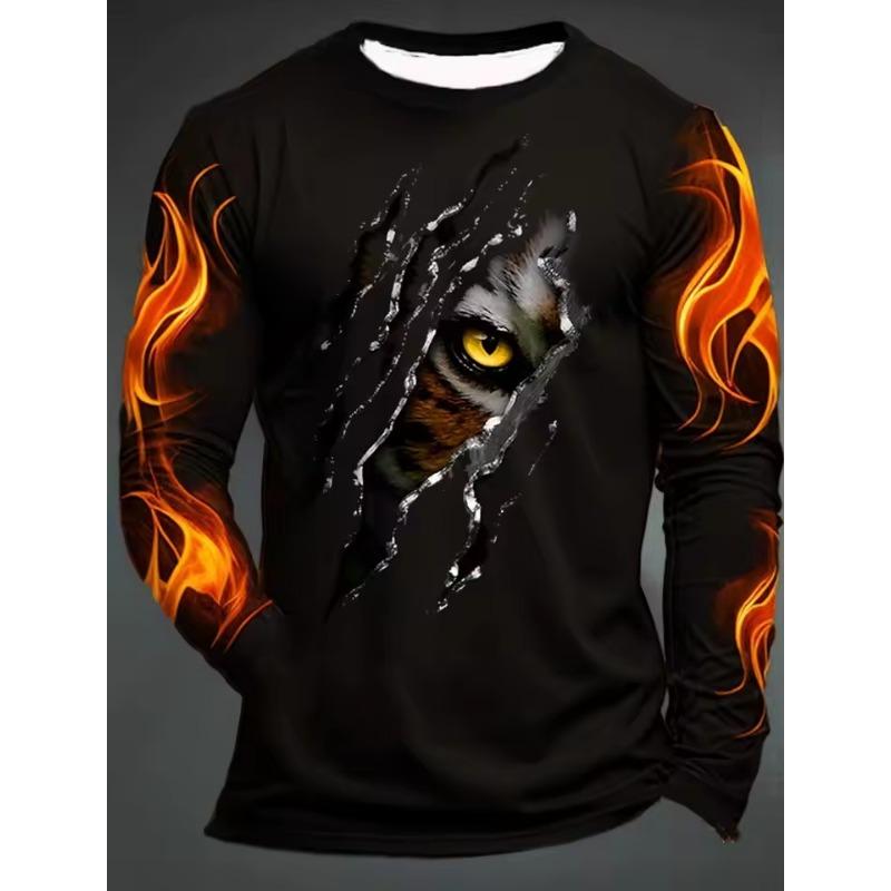 3D Printed Flame Scratch Pattern Autumn Men's Crew Neck T-Shirt Casual Long Sleeve Oversized Pullover Fashion Tops