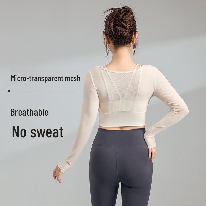 Plus Size Women's Breathable Mesh Long Sleeve Yoga Top with Chest Pad - Slimming Autumn Fitness Wear