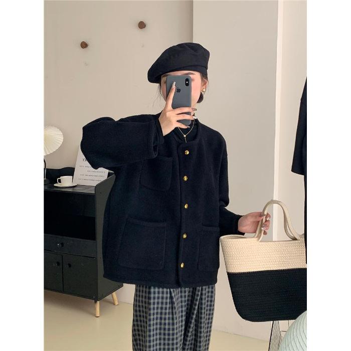 

Spring and Autumn new non-pilling woolen short loose and thin explosive double-sided nylon French light luxury small fragrant jacket women S чёрный