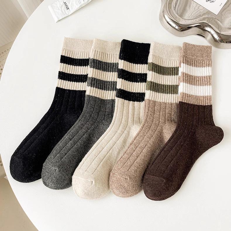 5 Pairs of Female Autumn and Winter New Warm Fashion Retro Striped Tube Stack Socks