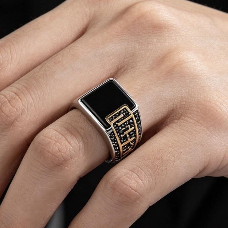 Luxury Classic Square Men's Ring, Electroplated Two-color Oil Drop Black Diamond Retro Versatile Striped Men's Ring New