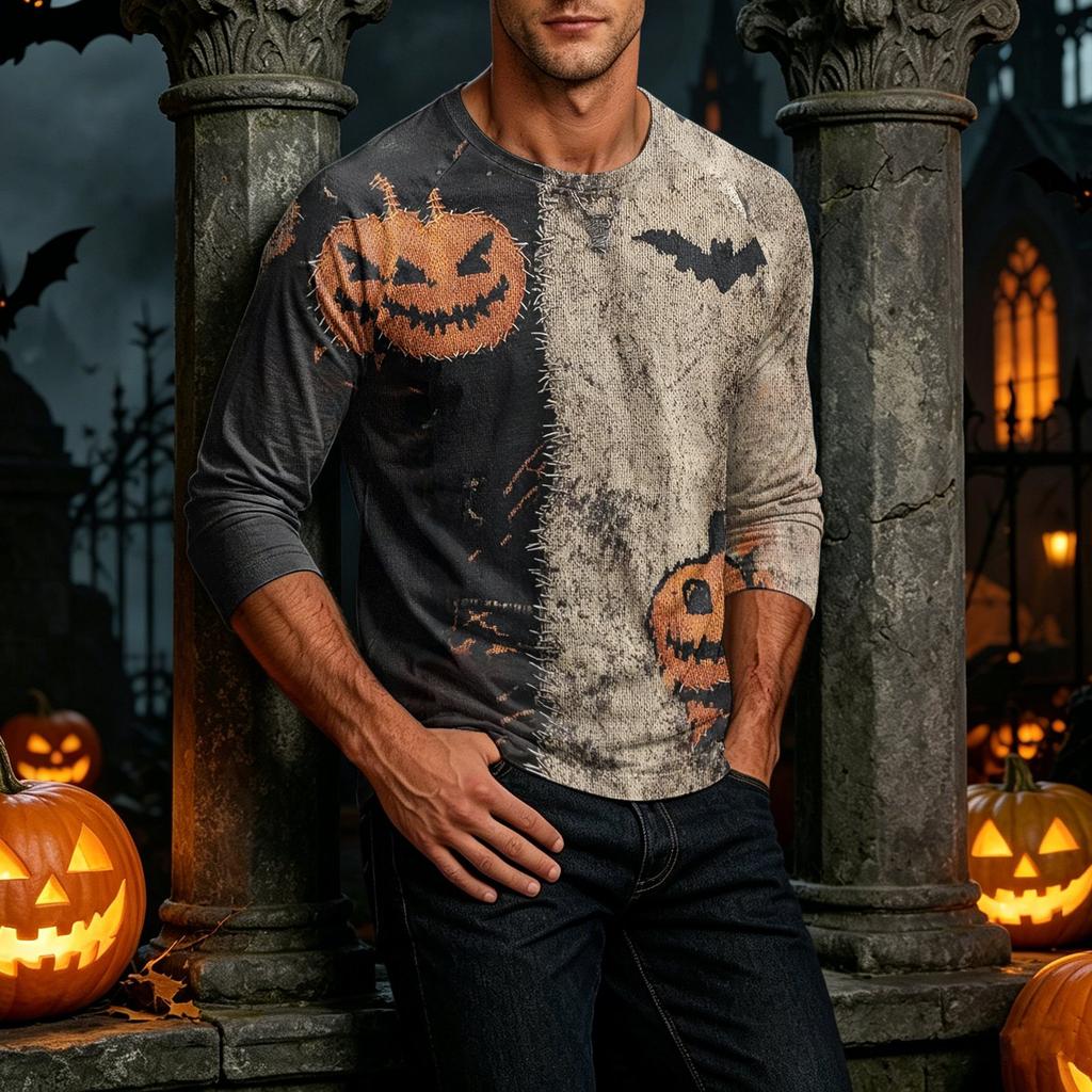 Men's Henley Neck Halloween Print Raglan Sleeve Three Quarter Length Shirt Casual Lightweight Pullover Top for Fall and Everyday Wear