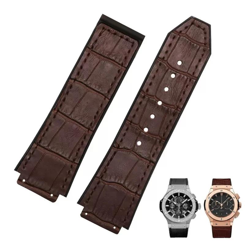 26X19mm Real Cow Leather Rubber Watchband for HUBLOT Classic Fusion Universe Big Bang Series Men belt Watch band butterfly Buckl