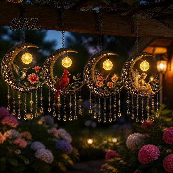 Dreamy Balcony Wind Chime Fairy Moon Pendant, Acrylic Hanging Ornament with Star Sunproof Patio & Crystal Decors for Garden Patio Outdoor Weatherproof