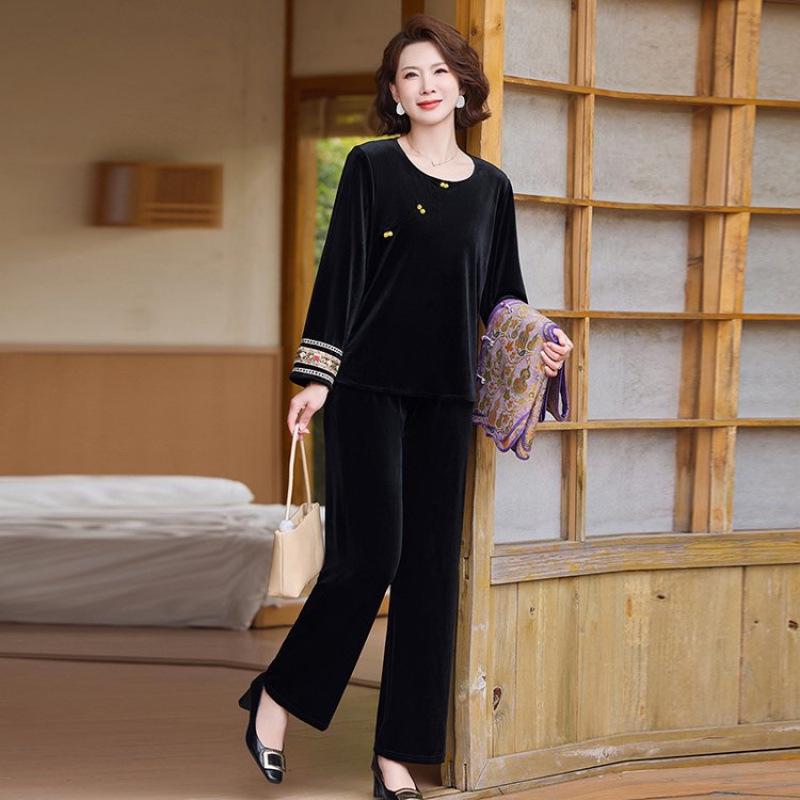 2026 Spring & Autumn Wide-Leg Pants Set for Middle-Aged Women: New Chinese National Style Jacket & Top