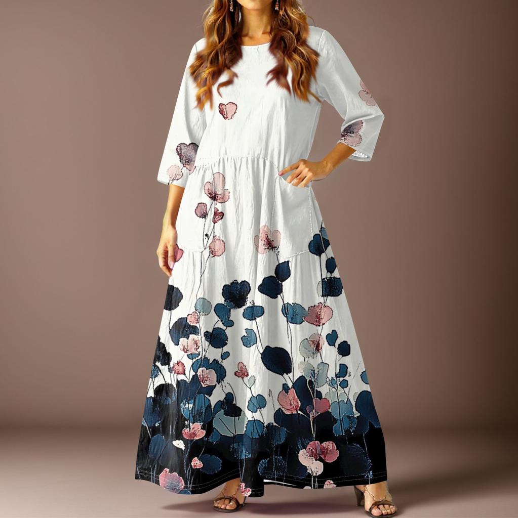 Women's Casual Fashion Vintage Floral Print Three-quarter Sleeve Long Dress With Pockets