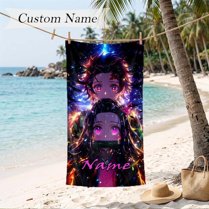 Demon Slayer Custom Name Printed Beach Towel Personalized Soft Towel For Swimming Beach Travel
