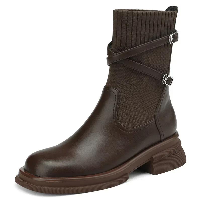 Women's New Chelsea Boots Retro Women's Thick Soled Shoes Thick Heel Elastic Socks Women's Ankle Boots Botines Chelsea