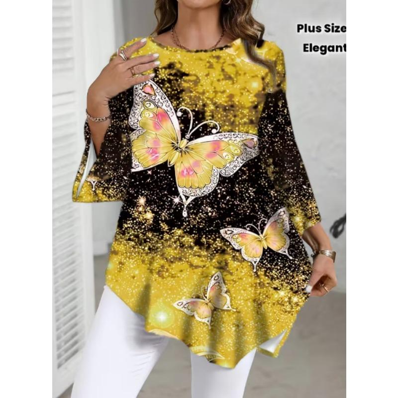Elegant White Watercolor Blue Floral Print Shirt Women'S 3/4 Flared Sleeve Soft Workwear Top Blouse