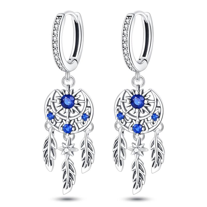 925 Silver Blue Zircon Dreamcatcher Feather Star Moon Cute Claw Hoop Earrings For Women Fine Birthday Jewelry Gifts