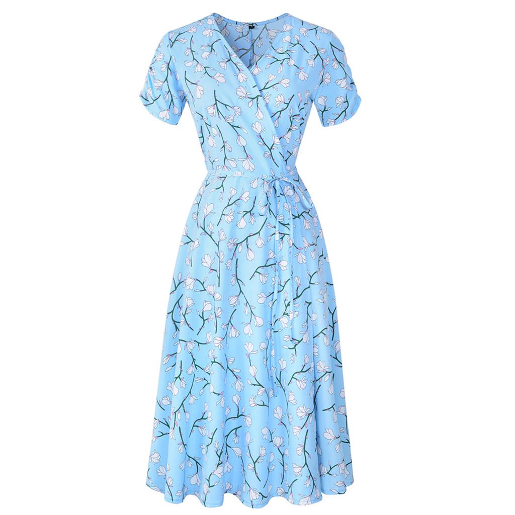 Womens V Neck Holiday Floral Print Dress Ladies Short Sleeve Party Dress