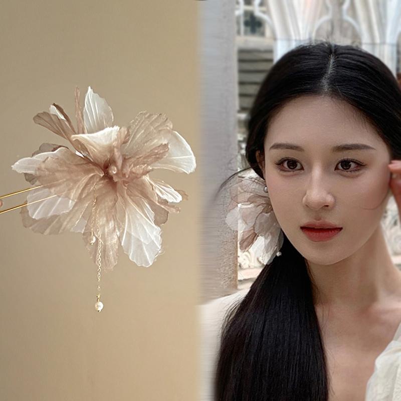 Korean Antique Chiffon Flower Pearl Tassel Hair Stick U-Shaped Hair Clip Temperament Chinese Style Hairpin For Women Headwear