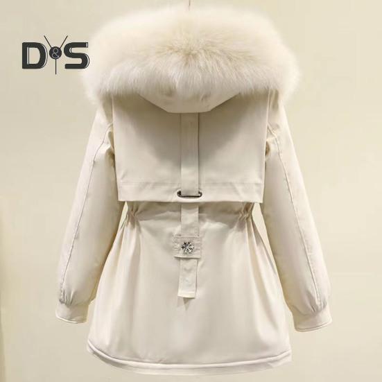 Winter Women Jacket Furry Hood Thickened Plush Long Sleeves Elastic Waist Pockets Zipper Closure Coat Mid Length Windproof Warm Overcoat