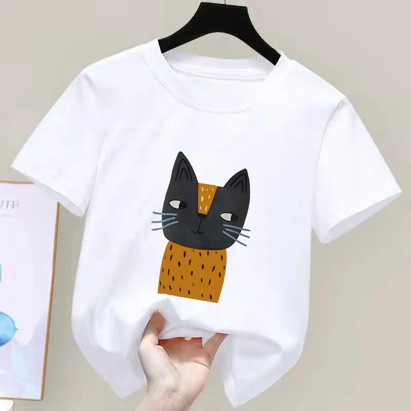 Summer New Chic HandPainted Cat Printing Tshirt Kids Fashion Pure 100Cotton Short Sleeve Basic Tees Casual BoysGirls Tops