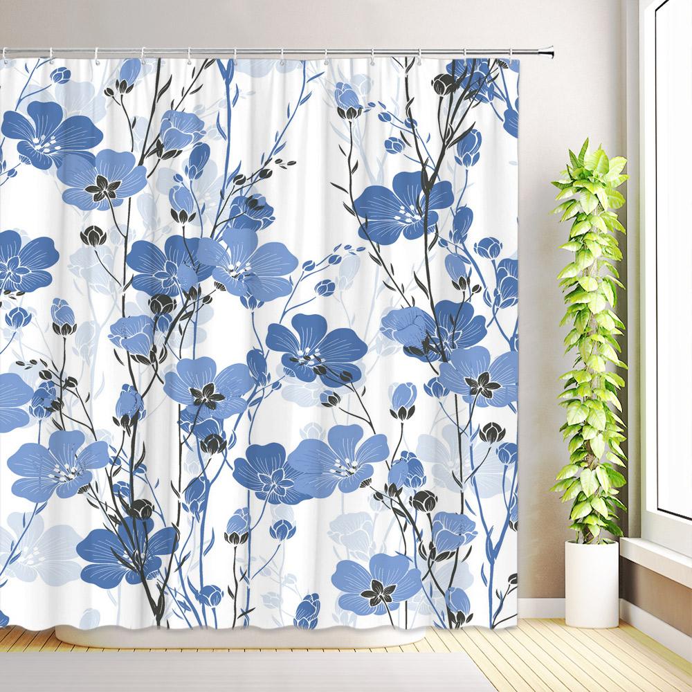 Asian Style Floral Shower Curtain Birds Tree Branch Flowers Plant Leaves Butterfly Bathroom Decor Fabric Bath Curtain with Hooks