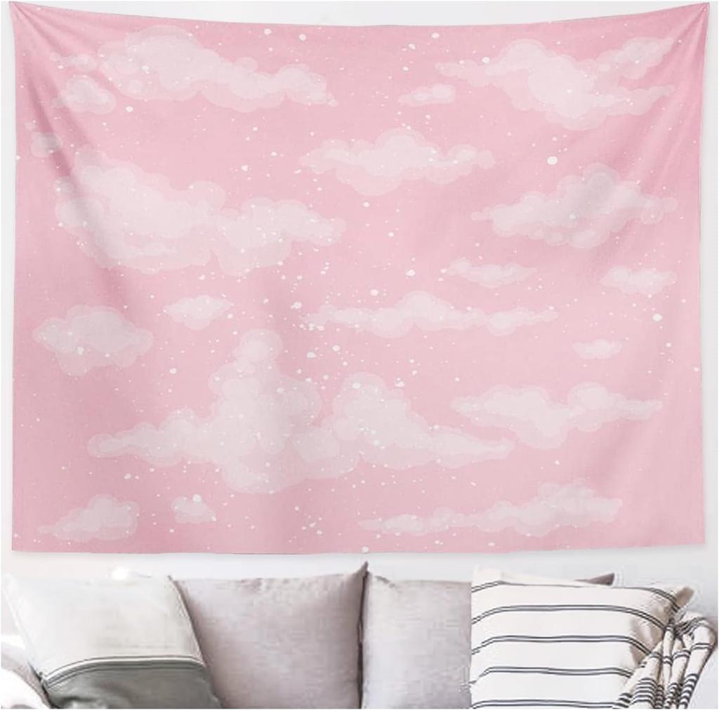 Pink Cloud Tapestry for Bedroom Decor, Aesthetic Home Decorations for Backdrop, Cute White Heaven Sky Tapestries, Wall Hanging