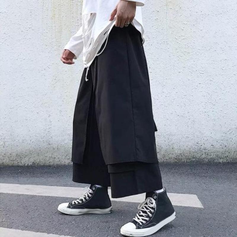 Yousheng Men's Loose Fit Pants Hip-Hop Wide Leg Pants with Pockets Casual Black Layered Pants for Everyday Wear Street