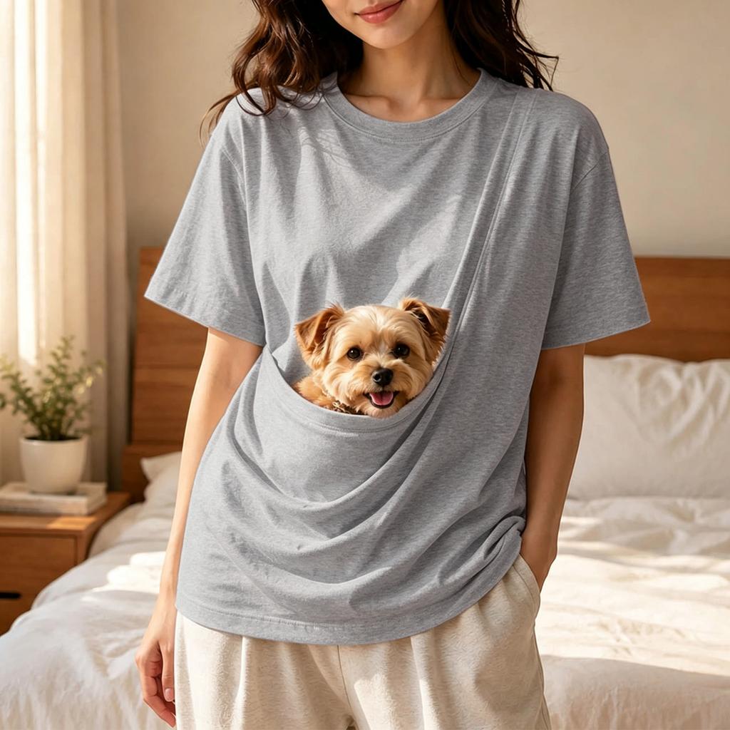 Unisex Short Sleeve T-Shirt with Large Pockets for Phone and Pet, Loose Fit Drop Shoulder Casual Top