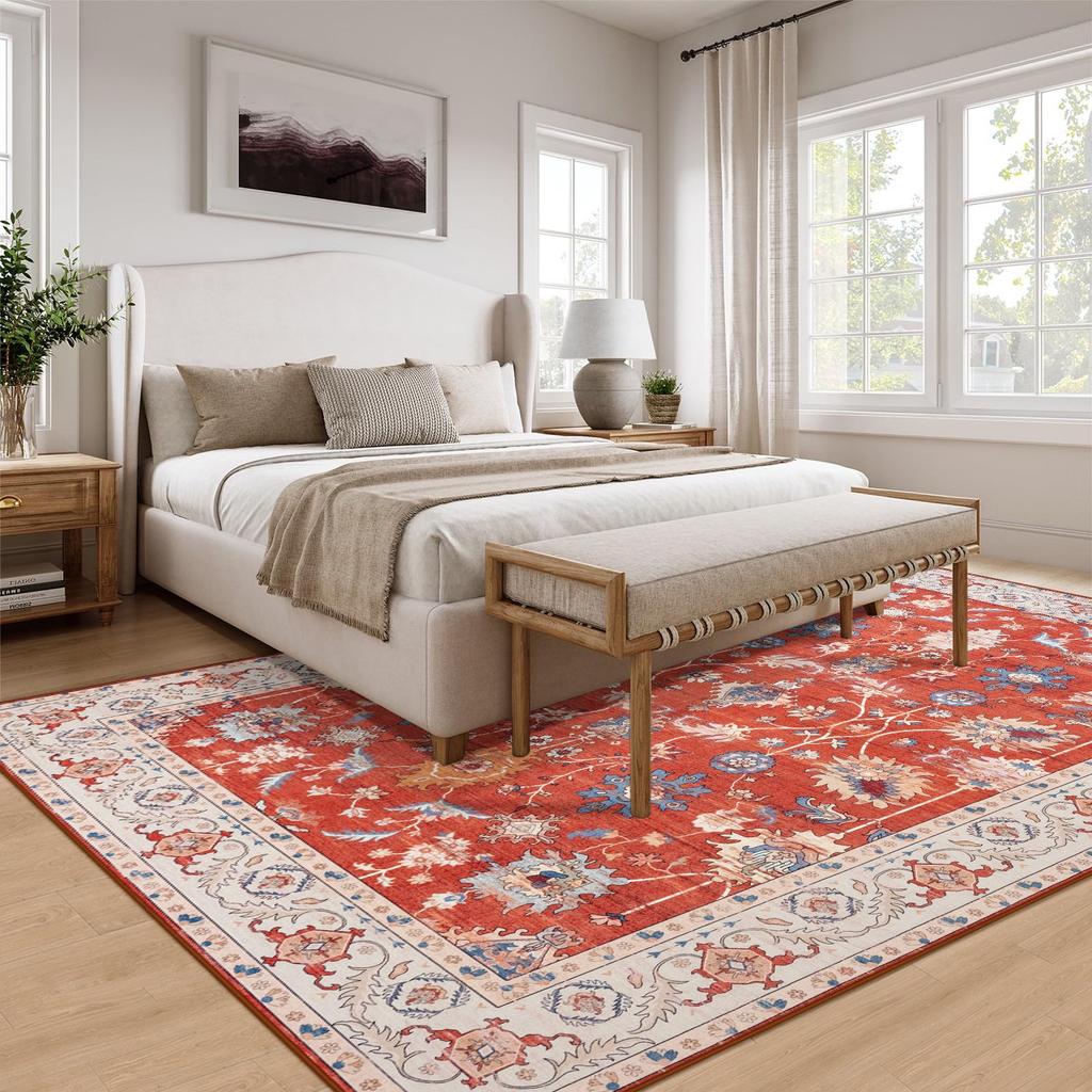 Vintage Bohe Washable Red Area Rug for Living Room, Bedroom, Office Ultra-thin Stain Resistant Indoor Low Pile Carpet
