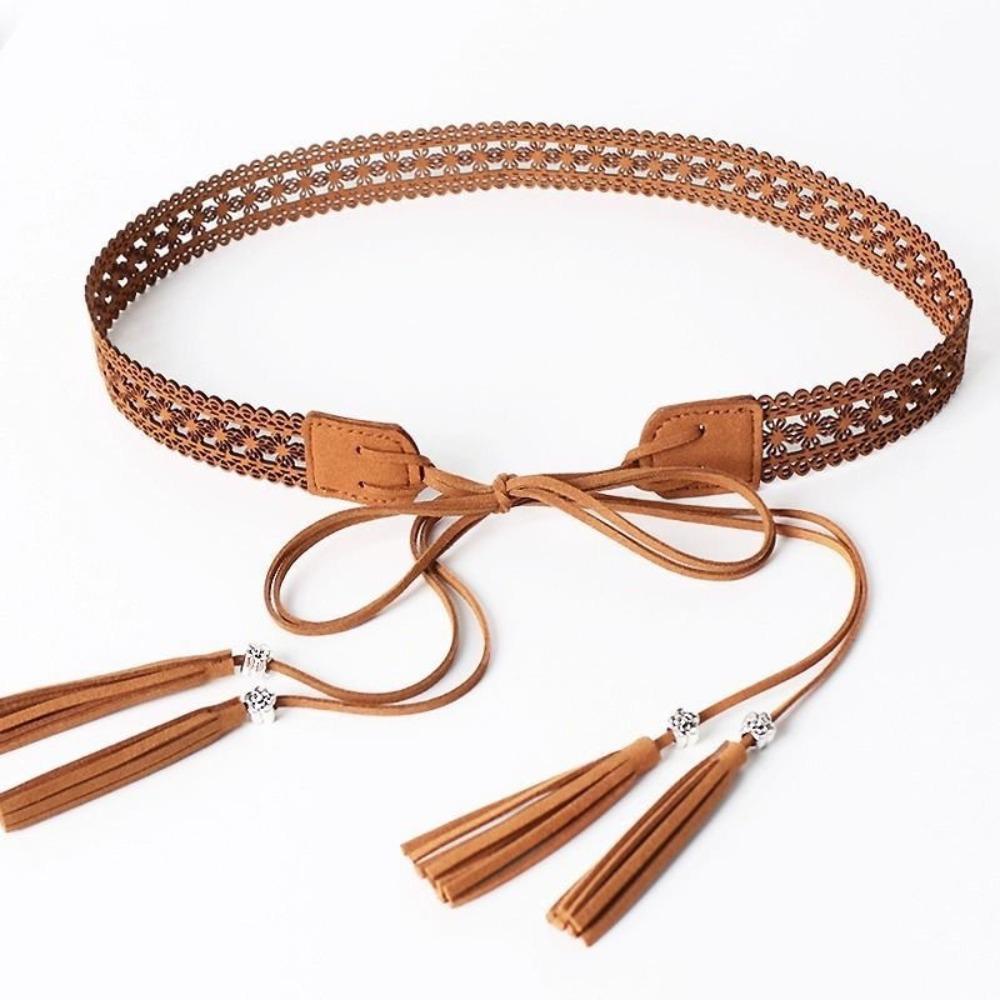 

Retro Bohemian Long Tassel Braided Belt Rope Knotted Hollow Pattern Decorative Straps Woven Waist Belts For Women Lady коричневый