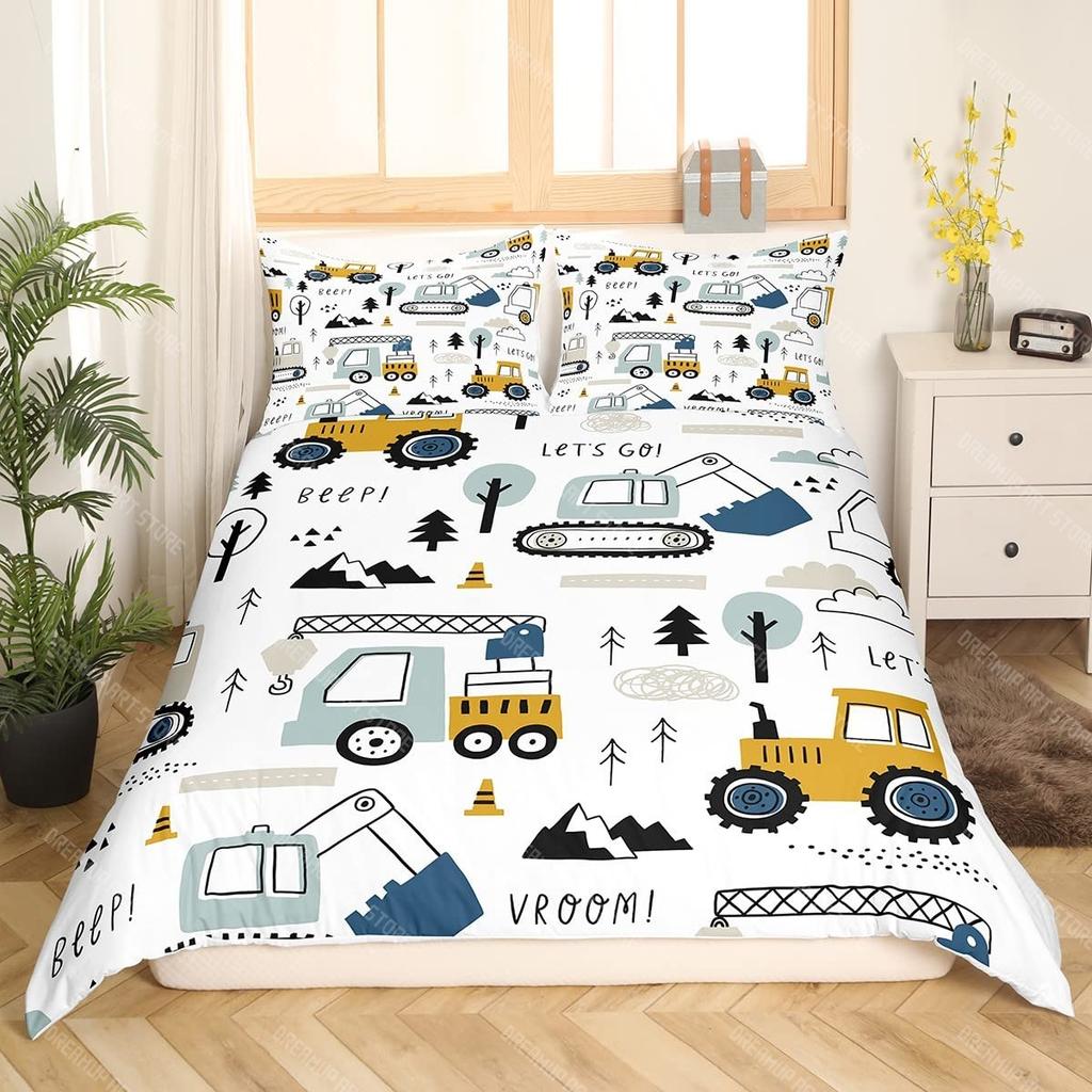 Excavator Duvet Cover Set Twin Queen Size Teens Cartoon Truck Bedding Set Kids Room Decor Construction Vehicle Comforter Cover