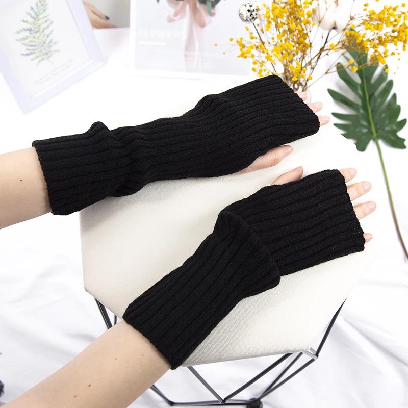 Long Fingerless Gloves Women Lolita Kawaii Cosplay Mitten Winter Warmer Knitted Arm Sleeve Casual Girls Punk Gothic Black Gloves
