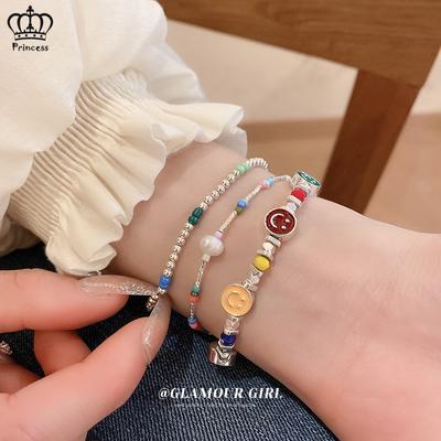 Colorful Bead Broken Silver Chain Bracelet for Women Artificial Pearls  Smiling Face Bracelets Jewelry Accessories