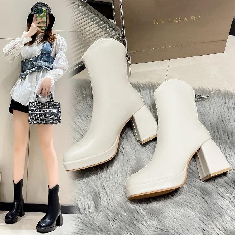 British Style Square Toe Ankle Boots for Women Winter Back Zipper Thick High Heel Chelsea Boot Office Shoes Platform Botas Mujer