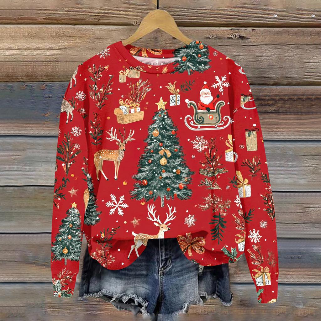 Women's Christmas Printed Casual Fashion Long Sleeve Round Neck Pullover Top