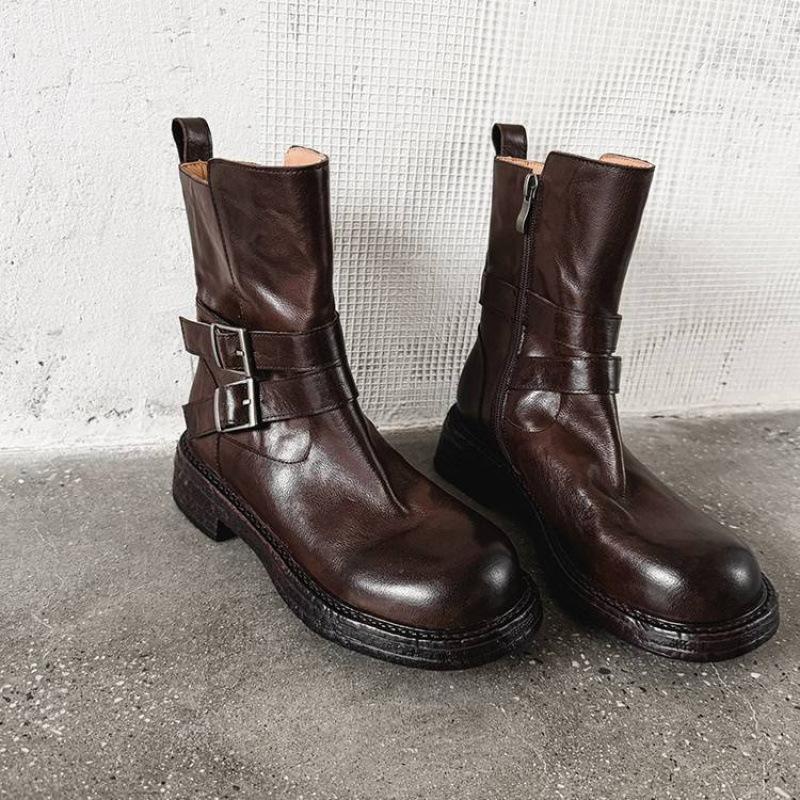 Podzimní a zimní kožené kozačky Martin na středním podpatku s rukávem dámské kulatá špička čtvercový podpatek univerzální velká velikost dámské kozačky hovězí kůže dámské nízké kozačky