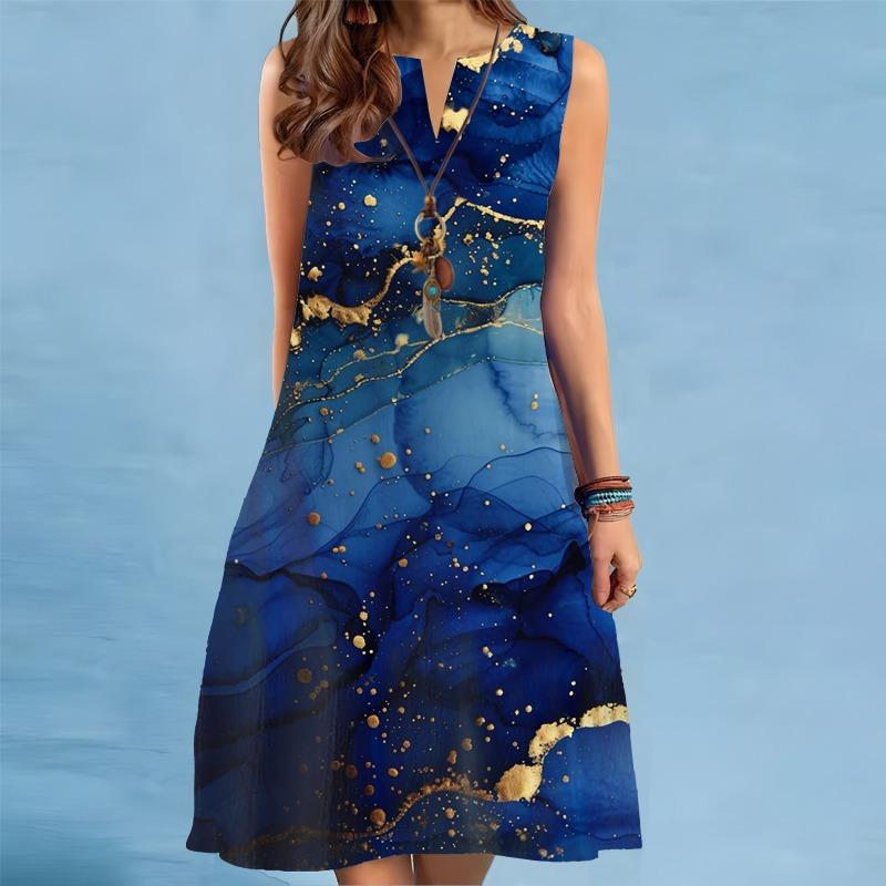 Summer Print A-Line Dress Women Casual Sexy Sleeveless V-neck Loose Mini Dress Elegant Landscape Oil Painting Dress Vestidos