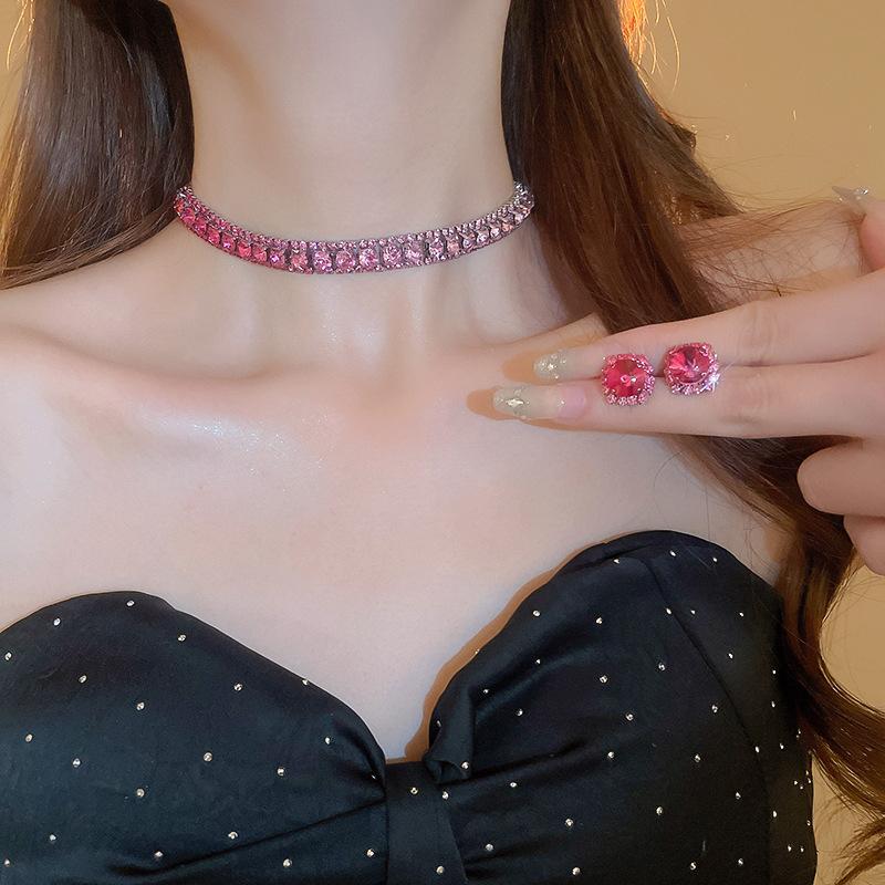 Colorful diamond studded earring necklace two-piece set, light luxury, fashionable, collarbone chain, high-end, Necklaces Earrings Set