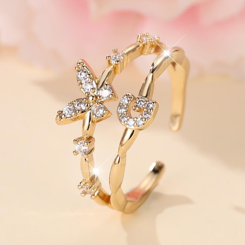 

Двухслойные циркониевые бабочки 26 букв открытые кольца для женщин золотого цвета регулируемое кольцо палец ювелирные изделия свадебный подарок G золотой