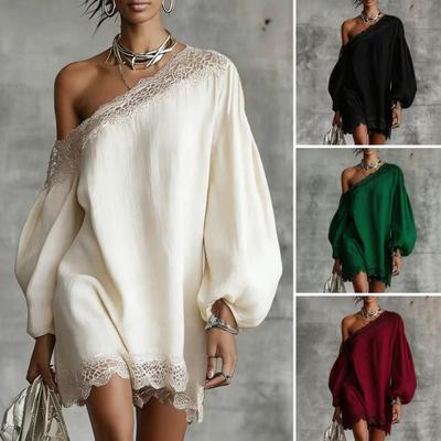 Women Off One Shoulder Loose Mini Dress, Batwing Long Sleeve Lace Trim Club Party Cocktail Dress, Summer Vacation Wedding Guest Dress
