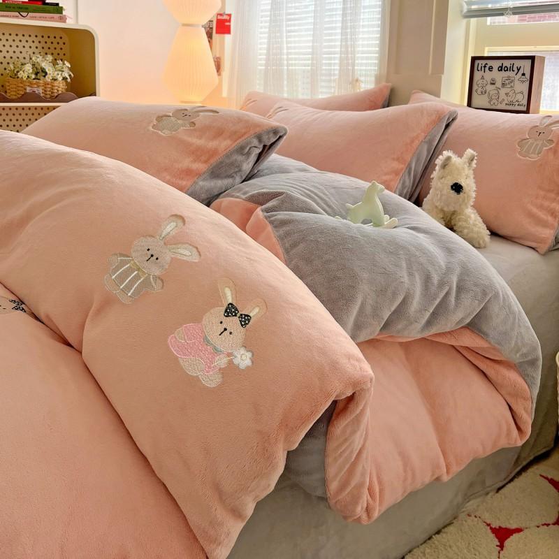 Ins Cute Cartoon Milk Fleece Bedding Set Winter Flannel Duvet Cover Sheet