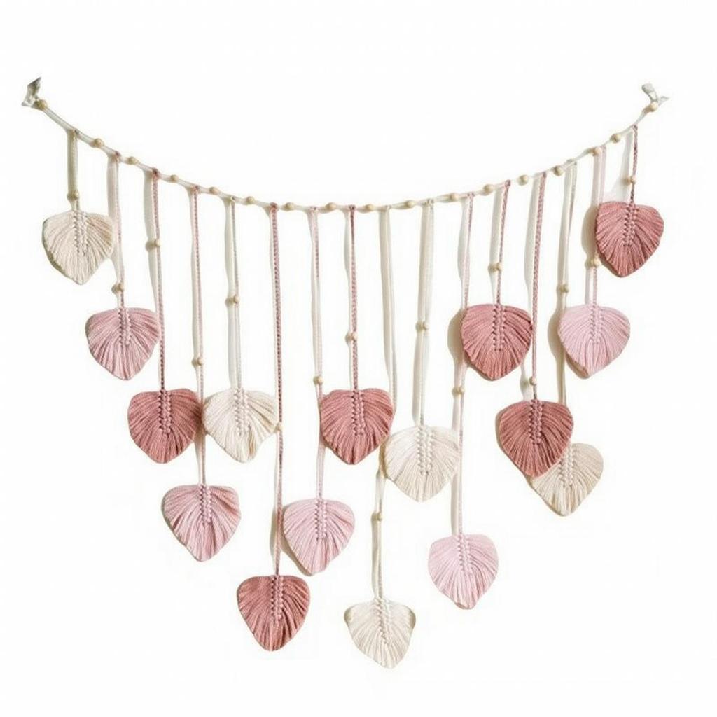 Cotton Rope Wall Hanging with Leaf Ornaments Handmade for Bedroom, Studio