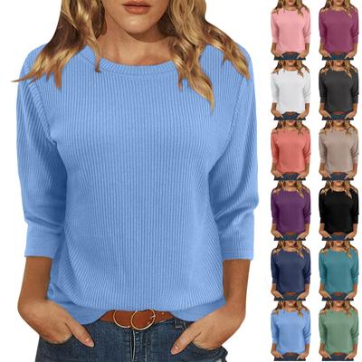 Women's Fashion  And Winter Casual Round Neck Brushed Ribbed Solid Color Three-quarter Sleeve T-shirt Women's Clothing