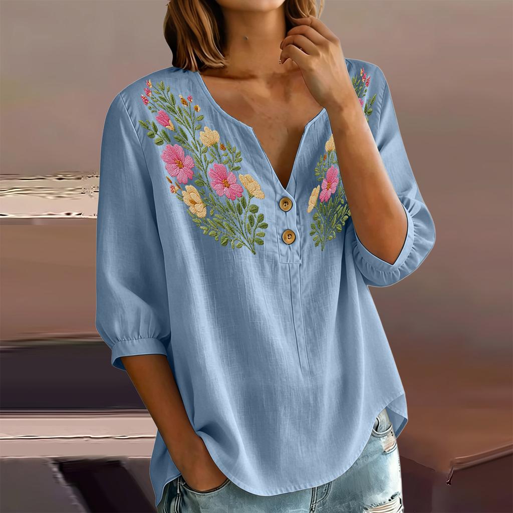 Women Floral Pattern Henley Button Neck Shirt Three Quarter Sleeve Casual Cotton Linen Blouse Lightweight Breathable Top